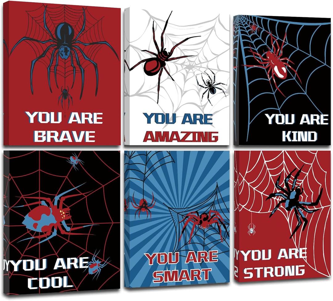 FRAMED Spider Room Decor for Boys, Spider Wall Art for Boy Wall Decor, Spider Wall Decor for Bedroom Bathroom Nursery Kids Room, Ready to Hang(Set of 6, 8x10 Inch, Framed)