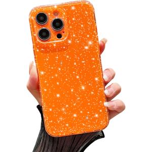 FABSPARK Case for iPhone 15,Super Cute Vibrant Neon Glitter Shiny Bling Sparkly Glossy Girly Case,Shockproof Slim Camera Protection for iPhone 15 6.1 Inch,Orange