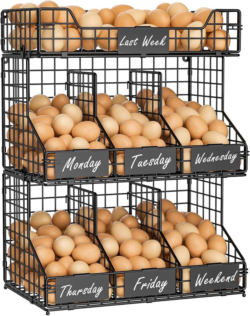 X-cosrack Egg Holder Countertop, 3 Tier Egg Rack with Labels Dividers to Separate Eggs, Stackable Wire Baskets for Fresh Egg, XXL Egg Dispenser for Countertop/Wall-Mounted (Patent Pending) (Black)