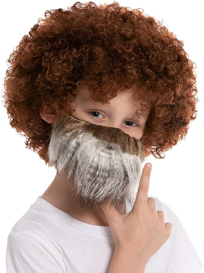 Spooktacular Creations Brown Afro Wig and Beard for Kids, Disco Hippie Costume, Afro Clown Wig, Funky Curl Wig for 70s/ 80s/ 90s Party Cosplay Halloween Costume Funny Wig