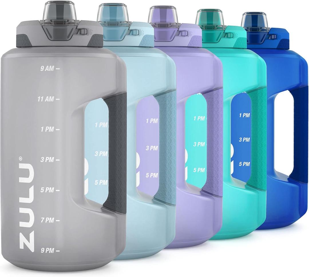 ZULU Goals Large Water Bottle Jug with Time Marker & Handle for All Day Hydration | Silicone Soft Straw with Locking Leak-Proof Lid | For Gym, Camping, Workout, and Outdoors | BPA-Free | 64oz, 128oz (Grey)