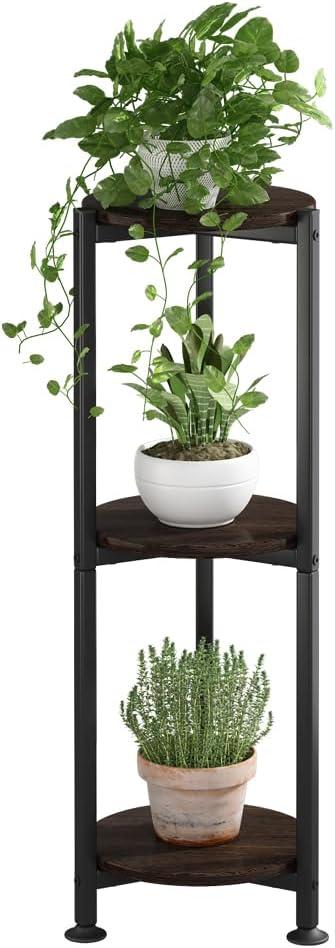 Plant Stand Indoor Outdoor 2 Tier Tall Metal Corner Storage Tiered Plant Shelf Holder Multiple for Living Room Balcony Garden,Black (3 Tier-Black Oak Round)