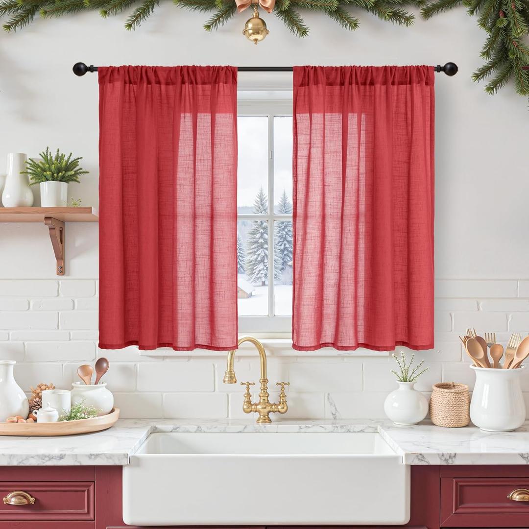 BGment Red Linen Curtains 40 Inch Length for Window, Short Drapes Semi Sheer Textured for Bathroom Kithchen Window with Rod Pocket Lightweight, 2 Panels, Each 42 Inch Wide