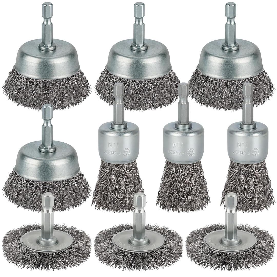 10 Pcs Wire Brush for Drill, Coarse Carbon Steel Crimping Wire Wheel Brush, 1/4 Inch Hex Shank, Wire Cup Brush Drill Bit for Cleaning Rust, Stripping and Abrasive