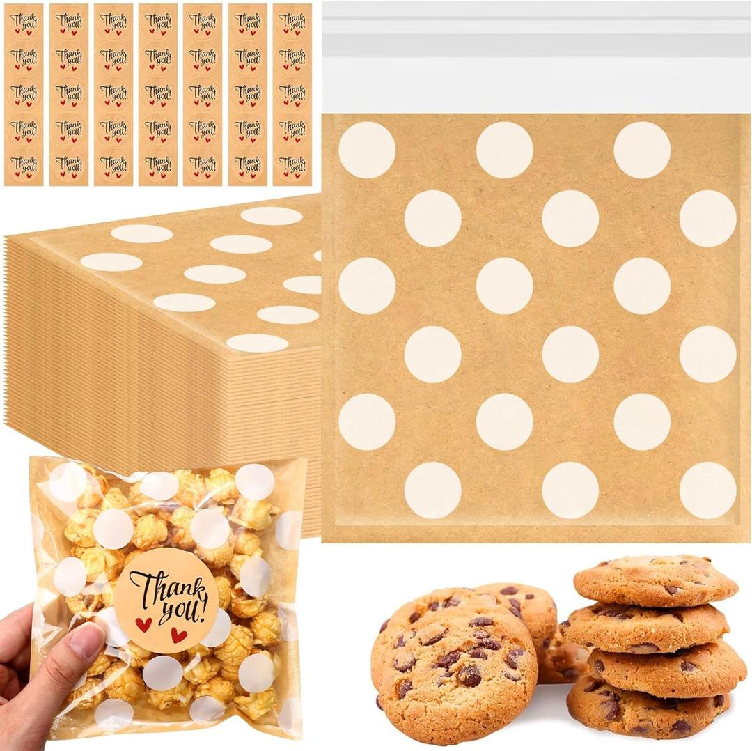 Fuyoooo 50 Pcs Self Adhesive Cookie Bags for Gift Giving Baked Goods Packaging Cookie Bags with Seal, Polka Dots Plastic Cellophane Treat Candy Bag with Thank You Stickers for Party Bakery Biscuit