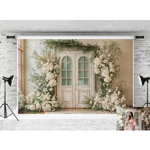 Kate Spring White Door Backdrop Wedding Floral Background White Flower Photo Background Studio Props,10x6.5ft