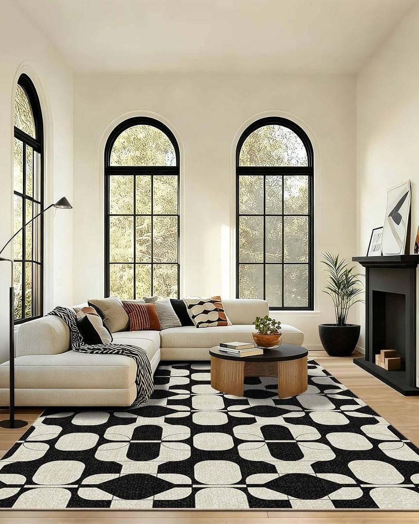 Latte&Fog 8x10 Area Rugs for Living Room, Large Vintage Washable Rug, Boho Non Slip Low Pile Carpet for Indoor Bedroom, Dining Room, Office, Dorm, Classroom, Farmhouse and Kids Room - Black Beige