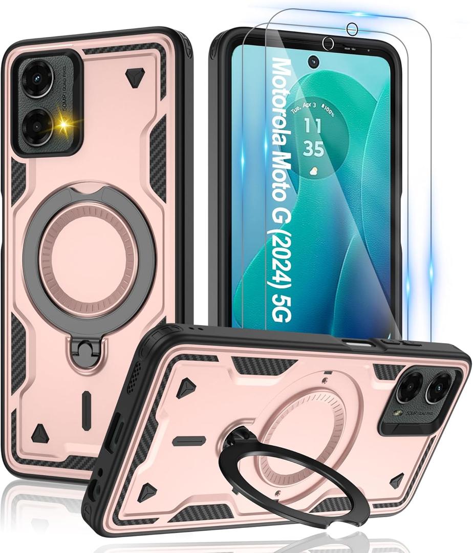 for Moto G 5G 2024 & Moto G Play 5G 2024 Magnetic Case,Compatible with MagSafe & [HD Screen Protector2],Metal Rotated Kickstand,Military Grade Drop Proof Anti-Fingerprint Protective,Rose Gold