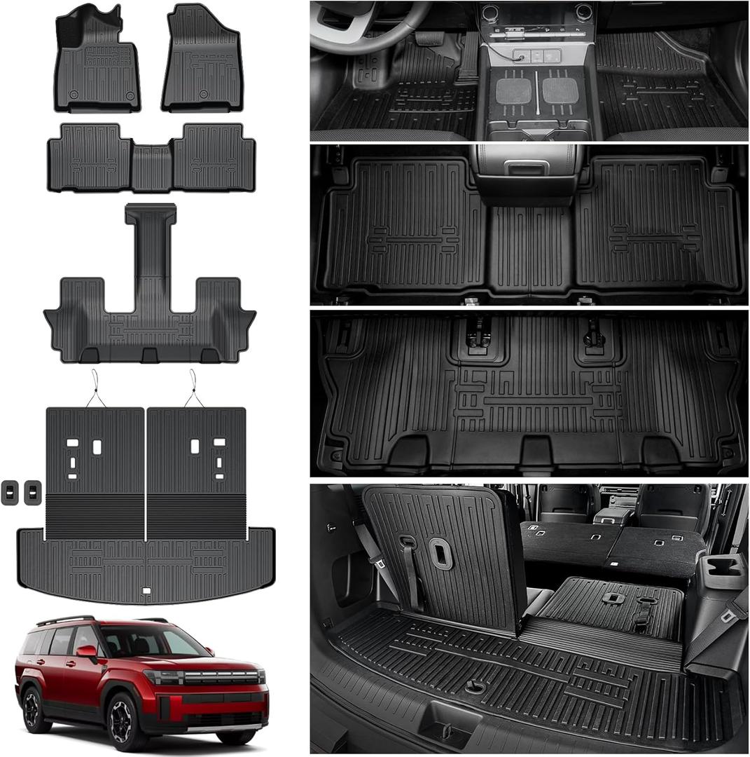 Floor Mats for 2024 2025 2026 Hyundai Santa Fe (Fit Hybrid and Gas), TPE All Weather Protection Custom Trunk Cargo Mat with Backrest Mat for Hyundai Santa Fe Accessories