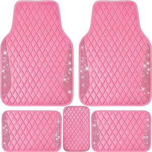 CAR PASS Bling Leather Car Mats Shining Diamond Floor Mats Crystal Rhinestones Sparkly Glitter Carpet Anti-Slip Waterproof Pad Universal Fit for Automotive SUV, Sedan, Van, 5pcs for Girl Women Pink (Front And Rear[5PCS])