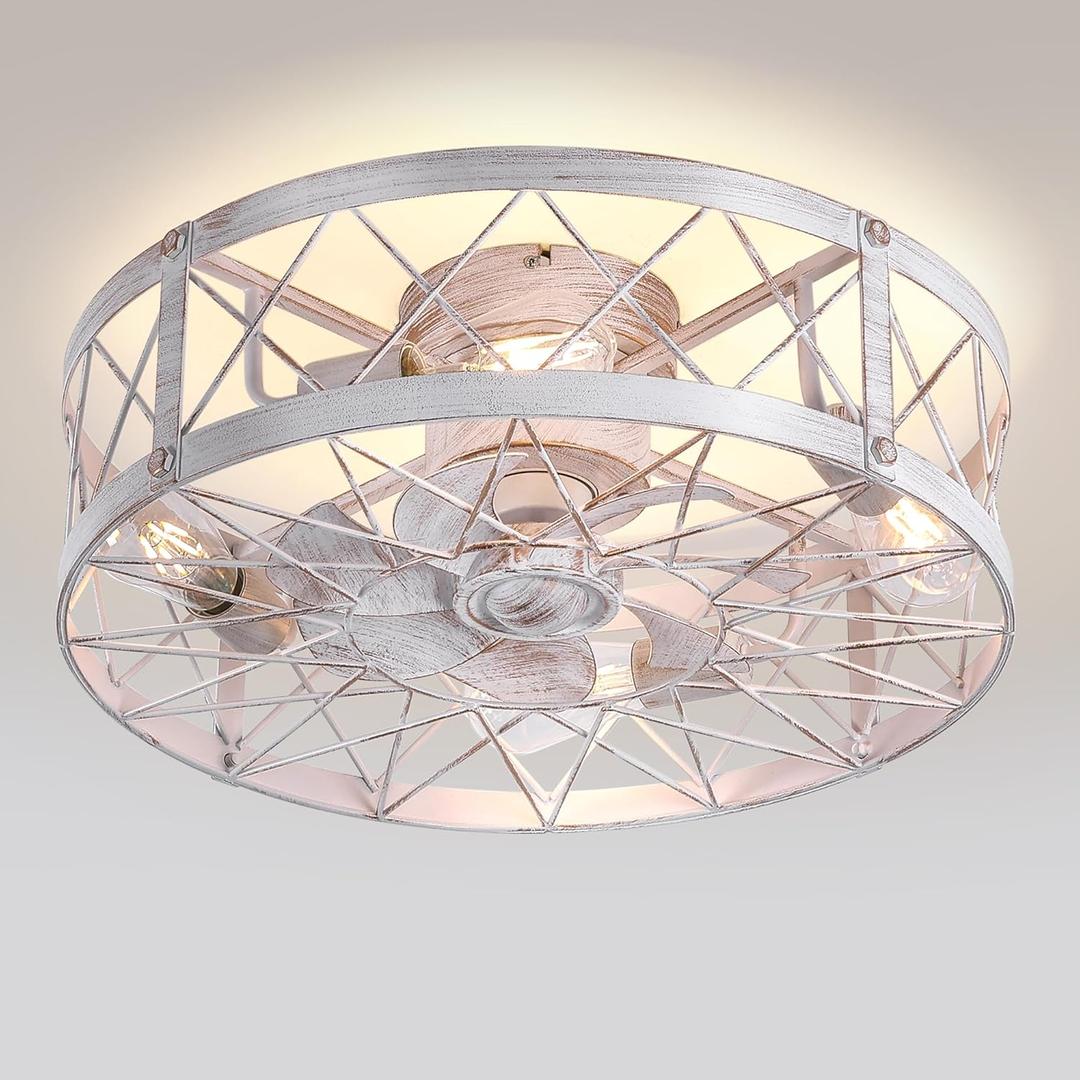 Flush Mount White Caged Ceiling Fan with Light, 20" Small Bladeless Ceiling Fan and Remote, Rustic Low Profile Ceiling Fans 4-Speed Reversible Enclosed Ceiling Fans for Bedroom Kitchen Farmhouse