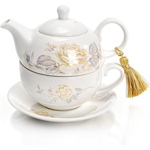 Tea for One Set, Porcelain Floral Teapot Cup Saucer Set with Tassel Decorative, Vintage Bone China Teapot Rose Pattern Gift for Women Home Office, Dishwasher, Microwave Safe