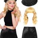 3 Pcs Halloween Singer Costume Wavy Blonde Wig Sequins Fedora Hat Shorts for Party Cosplay Music Festival Concert