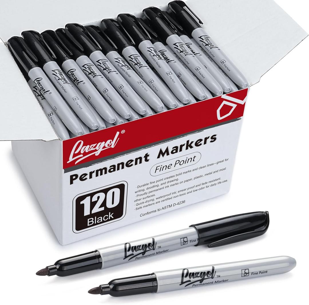 LAZGOL Permanent Markers Bulk, 120 Pack Fine Tip Black Permanent Markers, Waterproof Markers, Premium Smear Proof Pens, Quick Drying, Office Supplies for School, Office, Home