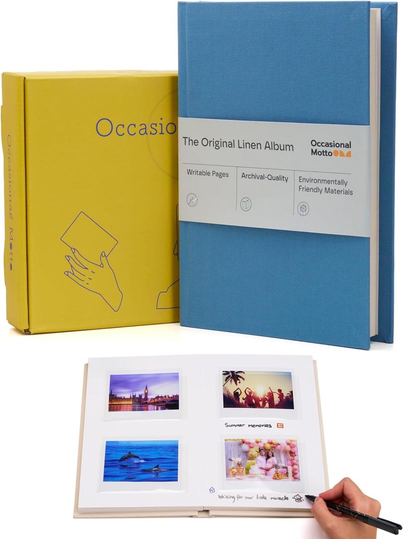 The Original 48 Pockets Classic Linen Hardcover Photo Album, Wedding Guest Book With Writing Space For Instax Wide, Wide 400 Camera, Link Printer & Evo Instant Camera (Sky Blue, For Instax Wide)