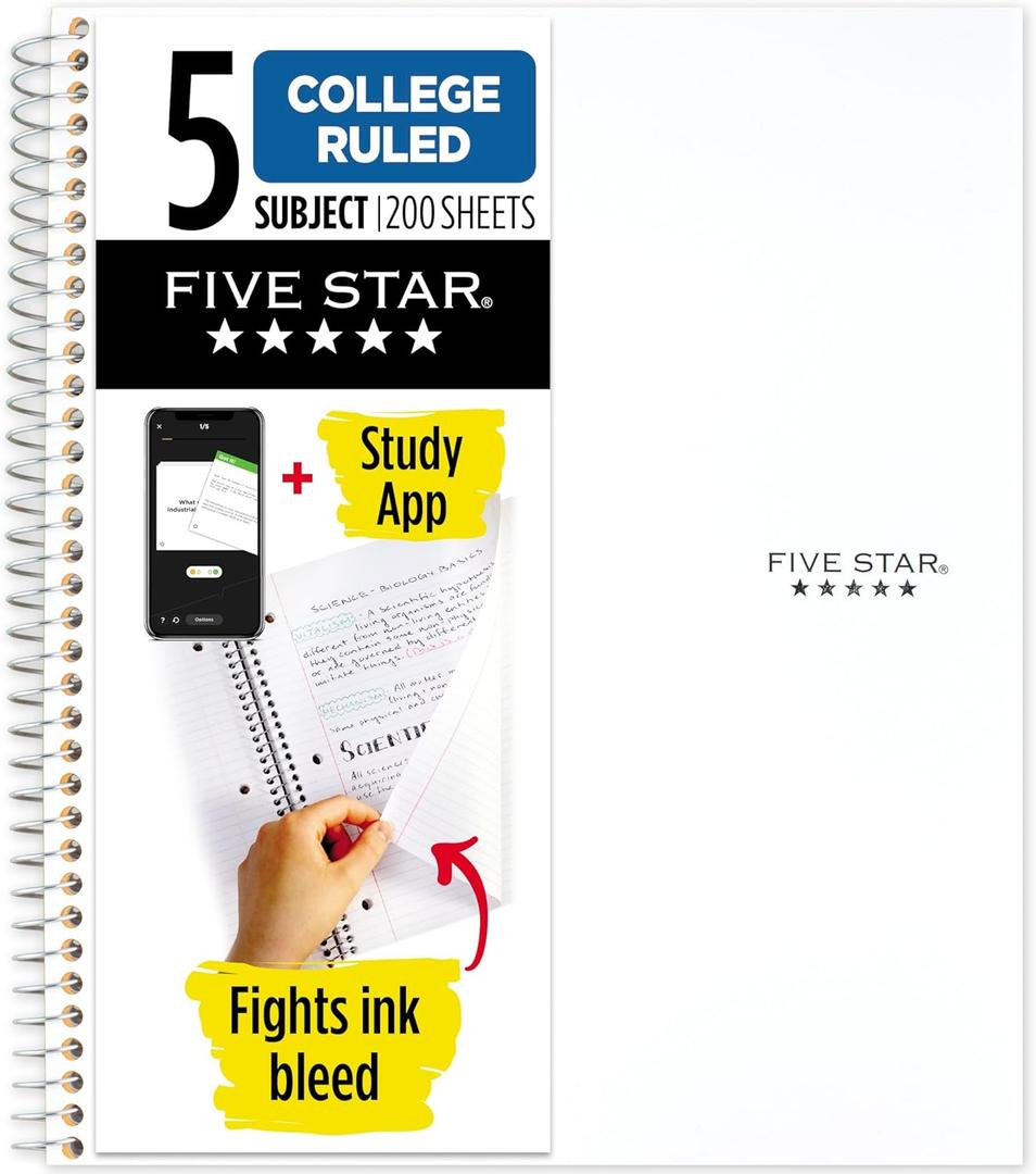 Five Star Spiral Notebook + Study App, 5 Subject, College Ruled Paper, 8-1/2" x 11", 200 Sheets, Fights Ink Bleed, Water Resistant Cover, White (72460)