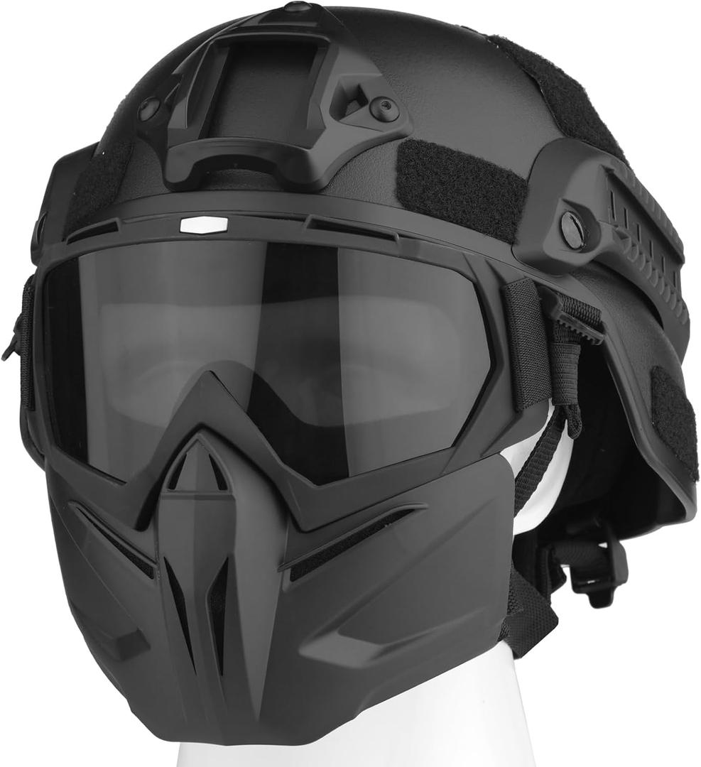 Airsoft Helmet and Mask, Full Face Mask with Detachable Goggles, Paintball Black Helmet with NVG Mount and Side Rail, Military Tactical Gear (MICH-DH-Gray)