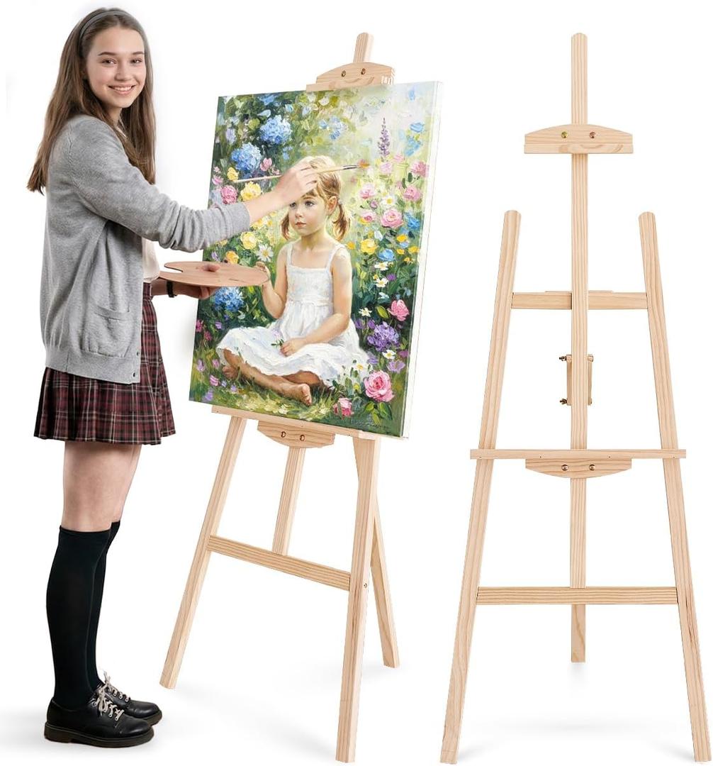 Foldable & Adjustable Art Easel Stand, Wooden Easel Art Easel for Painting Adult Artist Easel Stand for Painting Easle Floor Standing,Wood Easel Stand for Display Canvas Home Studio Classroom,Natural, 59 inches