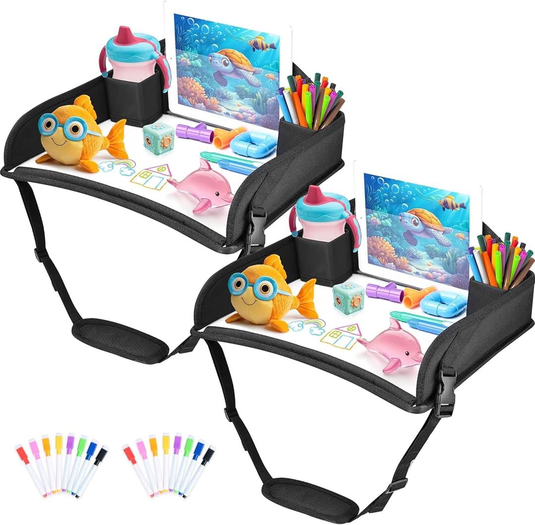 2Pcs Kids Travel Tray for Toddler Car seat, Road Trip Activities Essentials for Toddler, Kids Lap Desk Tray with Tablet Holder Stand Dry Erase Board (Black-2 Pcs)