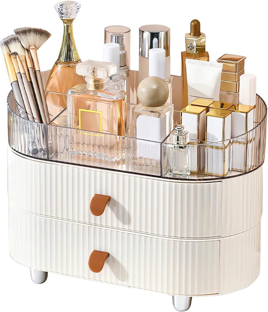 DASITON Makeup Organizer with Drawer,6 Slots Stackable Makeup Brush Holder,Skincare and Cosmetic Organizer for Bathroom Vanity Countertop Makeup Storage for Cosmetics,Brushes,Lipstick and Jewelry (1 Tray + 2 Drawer, Cream)