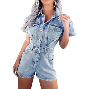cffvdiz Women's Distressed Button Front Denim Rompers Short Sleeve Flap Pocket Vintage Slim Fit Blue Jean Jumpsuit Shorts (Large)