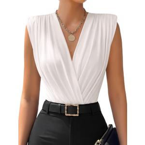 LYANER Women's Wraped V Neck Ruched Sleeveless Tank Leotard Bodysuit Top (Large, White)