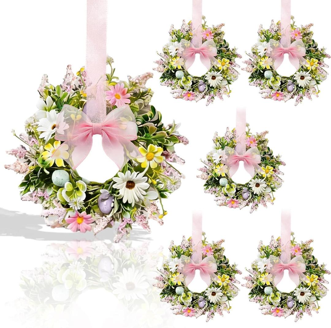 6 Pcs Easter Small Candle Rings Wreaths Mini Pillar Candle Holder Wreath with Artificial Easter Eggs and Spring Flowers for Home Kitchen Table Cnterpieces Decor Front Door Porch