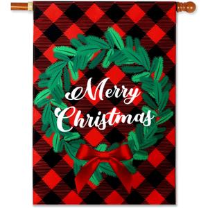 Merry Christmas House Flags for Outdoors 28 x 40 Double Sided - Large Christmas Flags for Outside, Wreath Plaid Holiday Flags Decorative House Flag Decorations