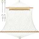 JoyView Traditional Rope Double Hammock - Hand Woven Cotton Hammock with Hardwood Spreader Bar and Pillow 450lb Capacity for Outdoor Indoor Patio Yard - Natural (Beige)