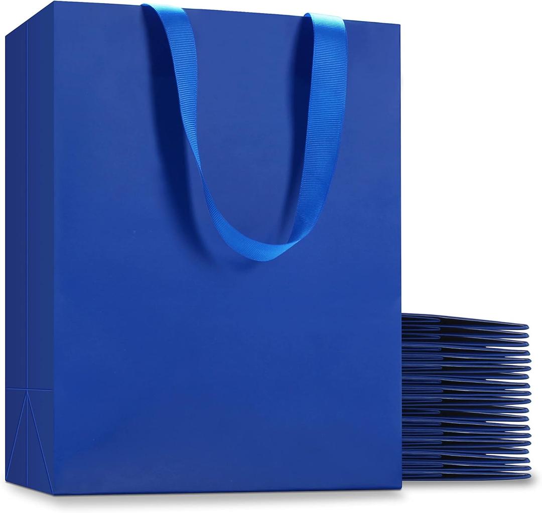 Blue Medium Gift Bags, 20Pcs 8x4.25x10.5 Inch, Wedding, Birthday, Party, Blue Paper Gift Wrap Bags with Ribbon Handles