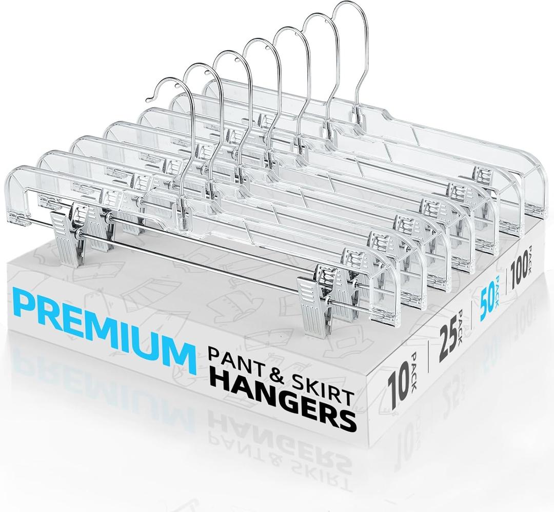 HOUSE DAY 50 Pack 14 inch Clear Plastic Pants Hangers with Clips, Skirt Hangers, Clip Hangers for Pants, Trouser Bulk Plastic Pant Hangers HOUSE DAY 50 Pack 14 inch Clear Plastic Pants Hangers with Clips, Skirt Hangers, Clip Hangers for Pants, Trouser Bulk Plastic Pant Hangers