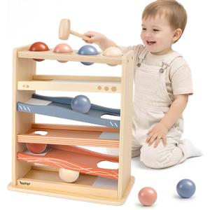 Vanplay Ball Drop Toys for One Year Old Boy Girls Birthday Gifts, Montessori Toys for 1 2 Year Old, Wooden Hammer Rolling Ball Toys for Toddlers 1-3, Cause and Effect Toys for Baby 12M+ First Gifts