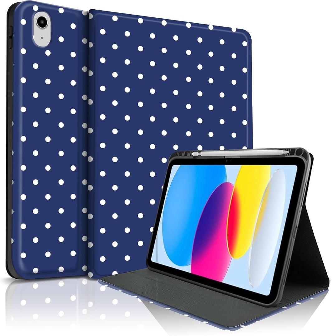 Case for iPad 11th (A16) 11-inch 2025 / 10th Gen 10.9-inch 2022,Cute Polka Dot Stylish Aesthetics Design Protective Cover with Pencil Holder, Anti-Slip, Anti-Shock- Big White Dots DarkBlue