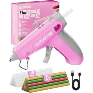 4V Pink Cordless Hot Glue Gun Kit with 30 Multi-Color Glue Gun Sticks, Fast Preheating, USB-C Rechargeable with 2600mAh Built-in Battery, Less-Drip Hot Melt Glue Gun for DIY, Crafting, Art