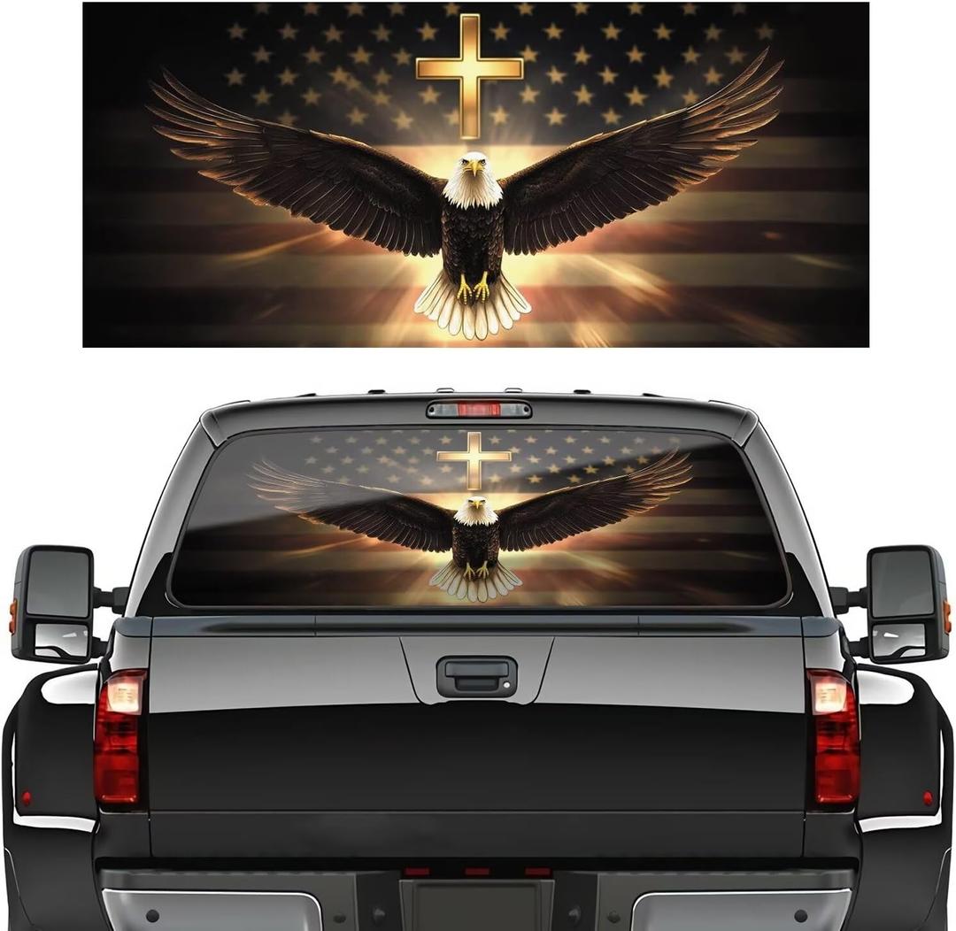 American Eagle Truck Rear Window Decals, American Flag Truck Back Window Graphic Decal Christian Cross Perforated Vinyl, 66"x20" Pickup Sticker Automotive Decals