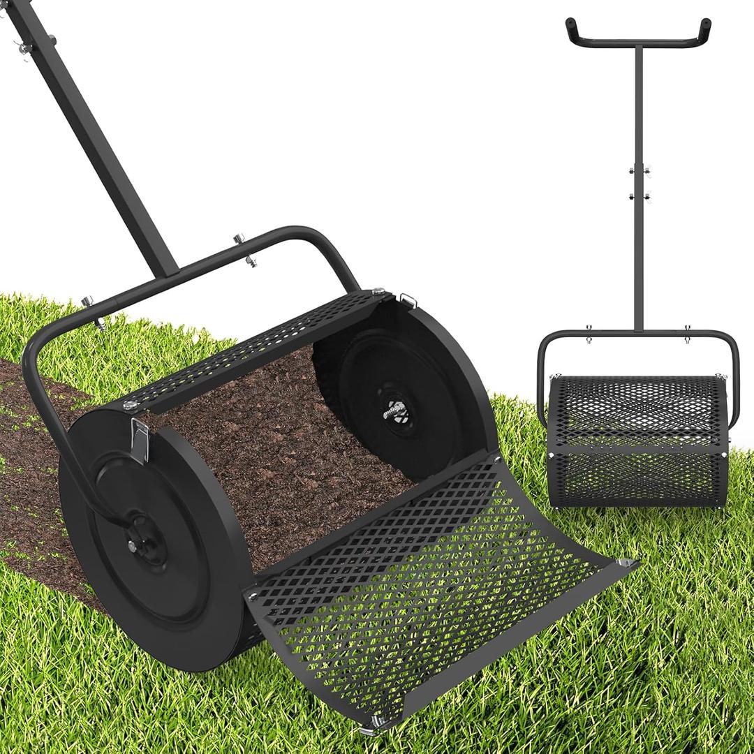 Compost Spreader, 24 Inch Peat Moss Lawn Spreader with U Shaped Handle,Heavy Duty Top Soil Fertilizer Spreading Tool for Planting Seeding Lawn Garden Care,Light Weight Metal Mesh Manure Roller
