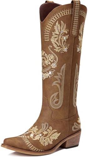 Dixhills Cowboy Boots for Women - Wide Calf Knee High Cowgirl Boots, Glitter Sparkly Rhinestone Western Country Boots with Classic Embroidery, Pointed Toe Pull On Zipper Retro Boots. size 9.5