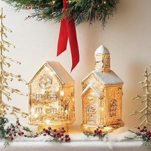 Flutesan 2 Pcs Lighted Mercury Glass Christmas Cottage Houses for Tabletop LED Golden Glittered Church and Christmas Village Figurines Decorative Tabletop Xmas Party Winter Mantel Shelf Home