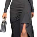 Vakkest Elegant Long Sleeve Dresses for Women Sexy Ruched Irregular Ruffle Split Party Maxi Dress Bodycon Evening Gowns (Black, XL)