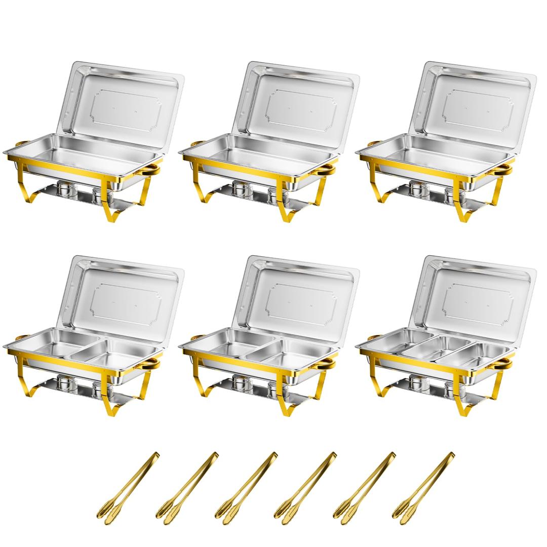 FERAHI Gold Chafing Dishes for Buffet Set of 6, 9.5QT Chafing Dish Buffet Set, Chafers and Buffet Warmers Set, Stainless Steel Food Warmers for Parties Buffet, Party Food Warmer Buffet Set with Tongs