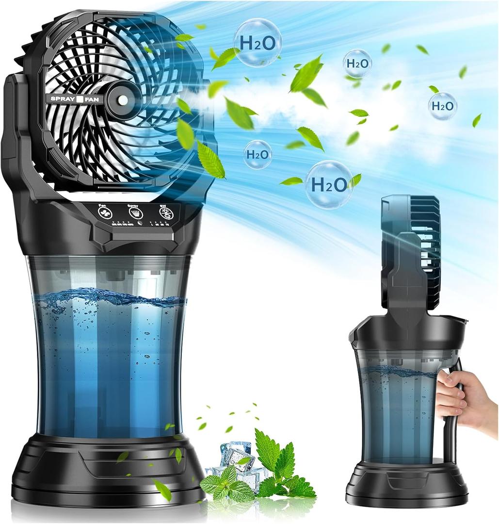 30000 mAh Portable Misting Fan with RGB Ambient Light, 2000 mL Water Tank Bucket Rechargeable Camping Mist Fan with 120° Auto Oscillating Perfect for Patios Fishing Travel Garden Party Golf Tent
