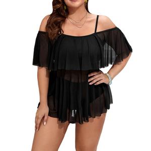 Floerns Women's Plus Size 2 Piece Cold Shoulder Layered Top High Waist Bottoms Tankini Swimsuit Black 1XL