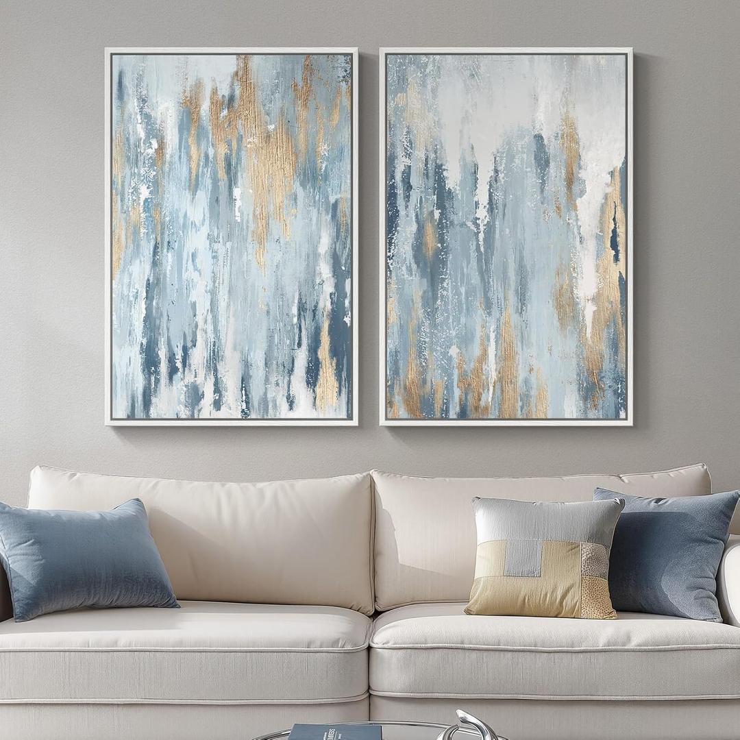 Large White Framed Blue and Gold Abstract Canvas Wall Art for Living Room, 2 Piece Modern Minimalist Prints Paintings Artwork for Walls, Glitter Pictures for Hallway Dining Bedroom Wall Decor 24x36 In, 24" W X 36" H X 2pcs