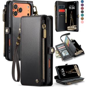 Defencase Compatible with iPhone 17 Pro Case Wallet with RFID Blocking Card Holder for Women and Men, Fashion PU Leather Magnetic Snap Flip Zipper Strap Wallet Phone Case for iPhone 17 Pro 6.3", Black