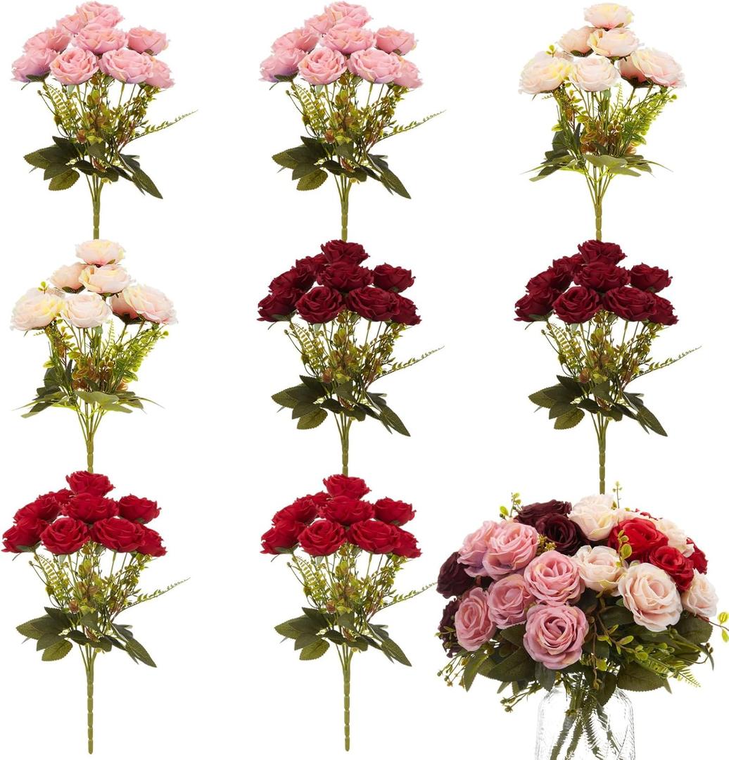 8 Bunches 72 Heads Artificial Roses Bulk with Long Stems & Leaves Mixed Pink Red Silk Rose in Bulk for Decoration DIY Wedding Arrangement Bridal Bouquets Centerpieces Valentines Home Decor