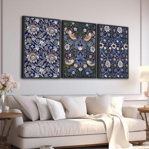 Large Framed Flower Wall Art, William Morris Blue Green Floral, 20"x28"x3