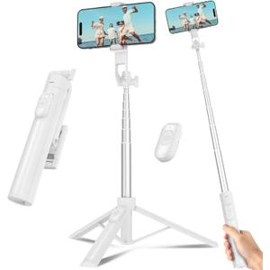 Selfie Stick Travel Tripod for Cell Phone with Remote Control and Phone Holder, Extendable Selfie Stick for iPhone, iPhone Tripod for Video Recording, 50 Inch, White