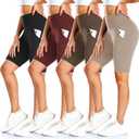 FULLSOFT 4 Pack Biker Shorts for Women with Pockets  8" High Waisted Tummy Control Workout Yoga Running Shorts (Large-X-Large, 4 Pack Black/Deep Red/Mocha/Khaki)