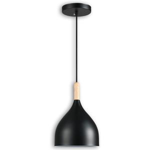 Modern Pendant Light, 6.6"x6.6"x7" Iron Hanging Fixture with Warm Oak Woodgrain, 15"-72" Adjustable Cord, E26 Socket, 4.7" Ceiling Canopy for Kitchen, Entryway Carbon Black