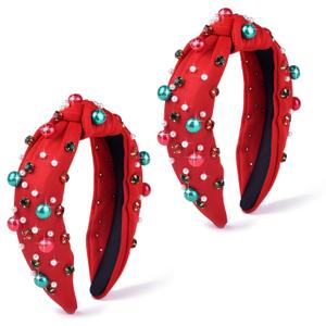2Pcs Christmas Headband Red Pearl Rhinestone Beaded Hairband Xmas Wide Knot Hair Hoop Holiday Festival Gift for Women